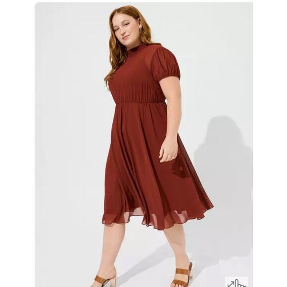Torrid Dress Women 1X Rust Brown Chiffon Midi Smocked Neck Romantic Fall Style - Picture 1 of 11